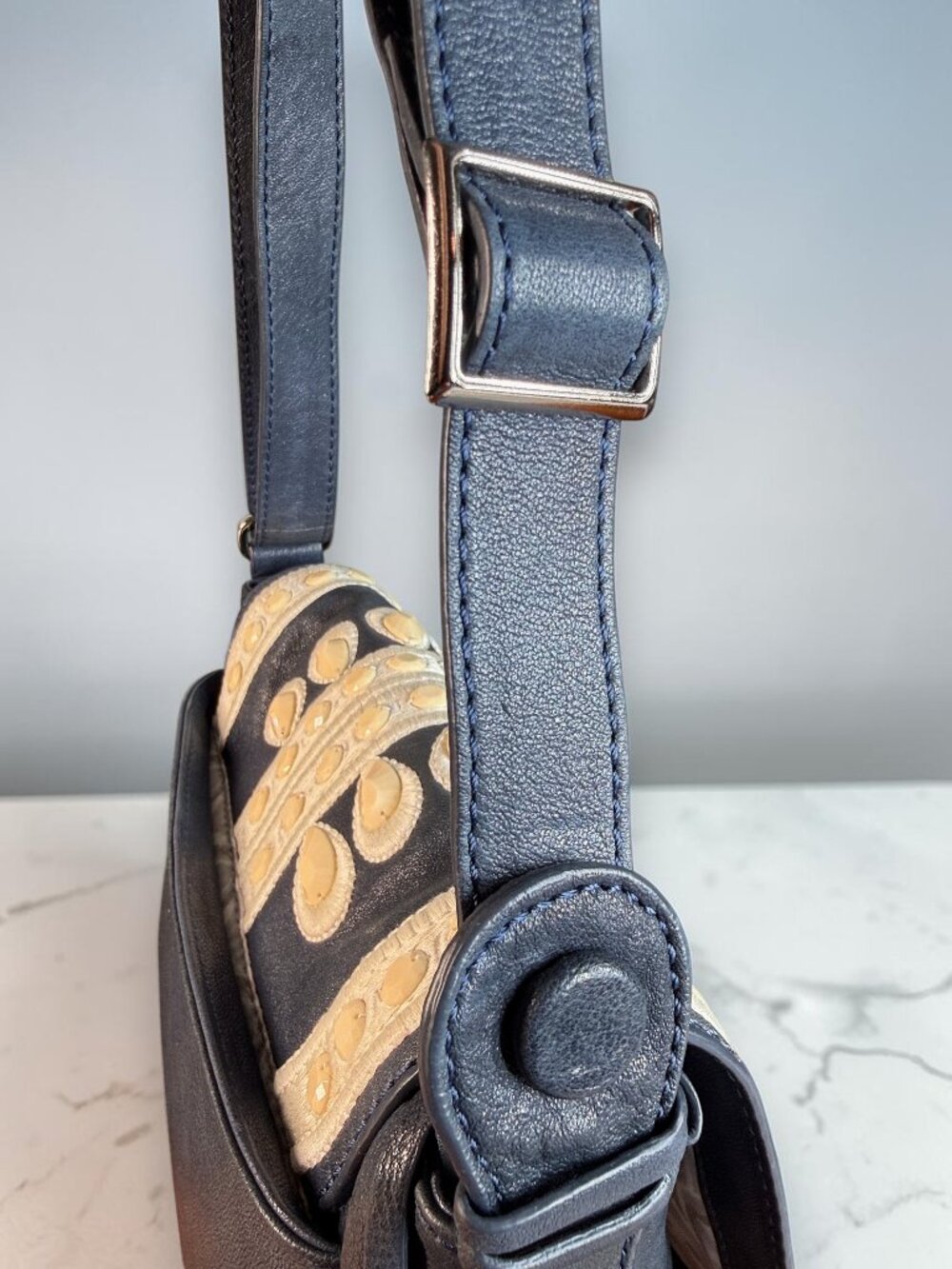 Brighton Masterpiece "Crown Jewel" Navy Leather Shoulder Crossbody Bag -Like New - Picture 13 of 15